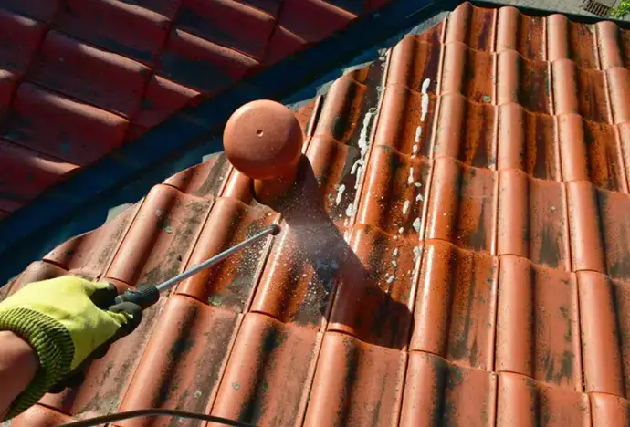 Couvreur Youri Multiservices appliquant un traitement anti-mousse sur une toiture à Colmar